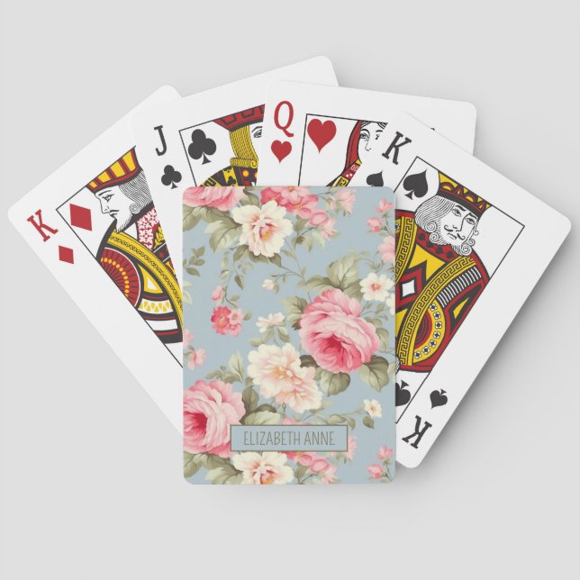 Shabby Chic Rosa und Blaue Hütte Rose Blume Spielkarten (Rückseite)