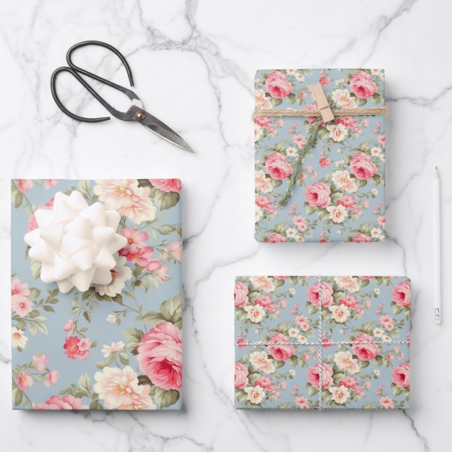 Shabby Chic Rosa und Blaue Hütte Rose Geschenkpapier Set (Vorderseite)