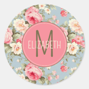 Shabby Chic Rosa und blaue Hütte Rose Monogramm Runder Aufkleber