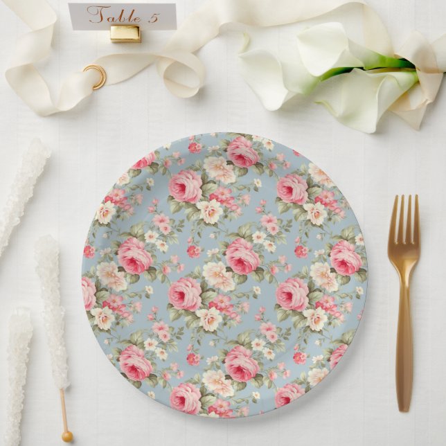 Shabby Chic Rosa und Blaue Hütte Rose Pappteller (Hochzeit)