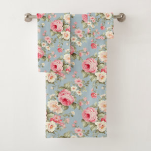 Shabby Chic Rosa und Blaue Hütte Rose und Blume Badhandtuch Set