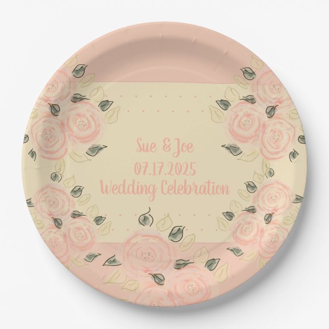 Shabby Chic rosa und pfirsichfarben mit Creme Pappteller (Vorderseite)