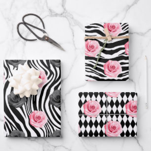Shabby Chic Rosa und schwarze Rose Zebra Streifen Geschenkpapier Set