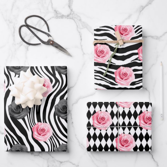 Shabby Chic Rosa und schwarze Rose Zebra Streifen Geschenkpapier Set (Vorderseite)