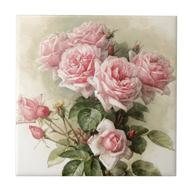Shabby Chic-rosa viktorianische Rosen Fliese (Vorderseite)