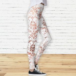 Shabby Chic Rose Gold und Weißer bedrückter Damast Leggings
