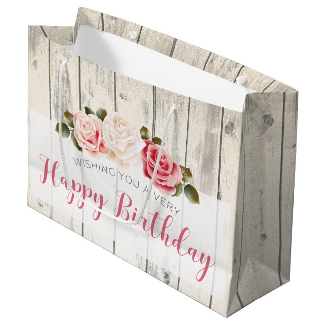 Shabby Chic Rose Rustikales Holz glücklich Geburts Große Geschenktüte (Vorderseite Schrägansicht)