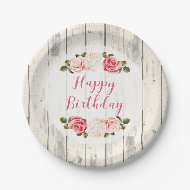 Shabby Chic Rose Rustikales Holz glücklich Geburts Pappteller (Vorderseite)