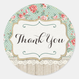 Shabby Chic Rosen, Spitze & Jute Jute Danke Runder Aufkleber