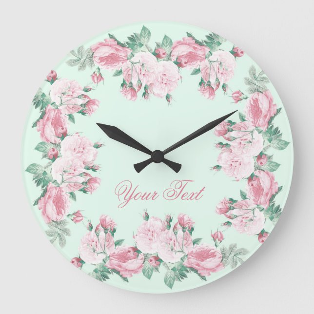 Shabby Chic-Rosen-Wanduhr personalisiert Große Wanduhr (Vorderseite)