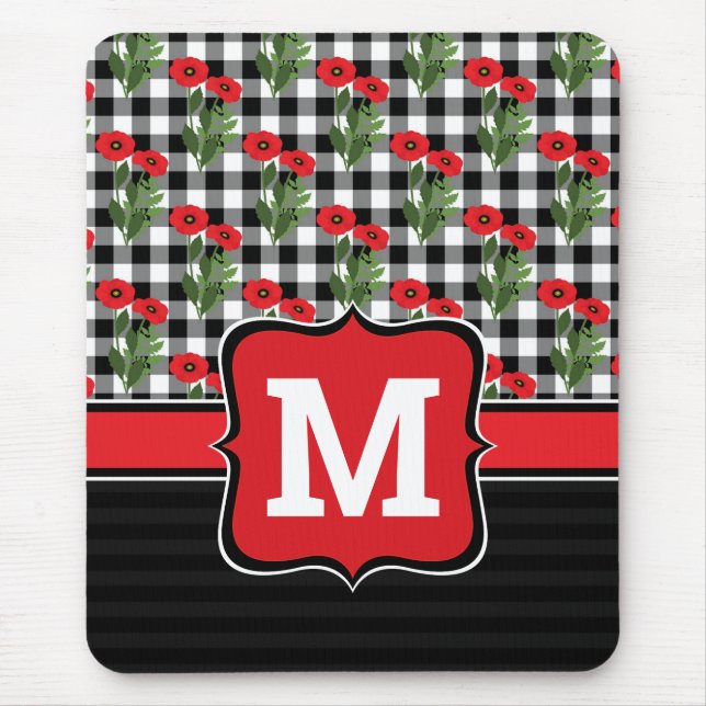 Shabby Chic Rot, Schwarz und Weiß Pupien Monogramm Mousepad (Vorne)