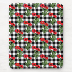 Shabby Chic Rot, Schwarz & Weiß Mohn Blumen Mousepad