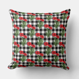 Shabby Chic Rot, Schwarz & Weiß Mohn Gingham Kissen