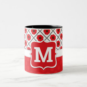 Shabby Chic Rot, Schwarz & Weiß Mohn Monogramm Zweifarbige Tasse