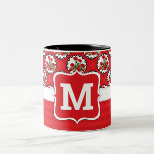Shabby Chic Rot, Schwarz & Weiß Mohn Monogramm Zweifarbige Tasse