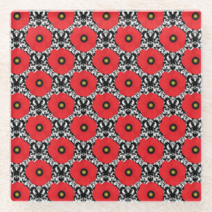 Shabby Chic Rot, Schwarz & Weiß Mohnmuster Glasuntersetzer