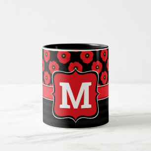 Shabby Chic Rot und Schwarz Mohn Blumen Monogramm Zweifarbige Tasse