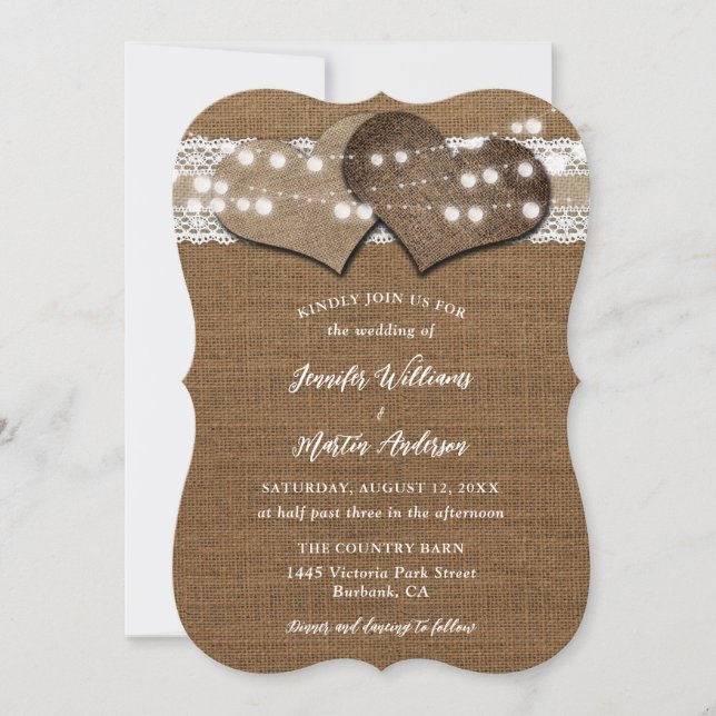 Shabby Chic Rustic Country Burlap Lace Hochzeit Einladung (Vorderseite)