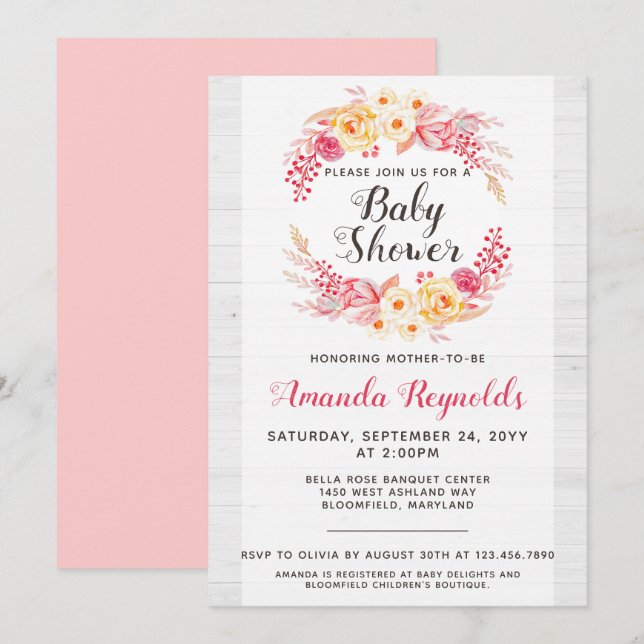 Shabby Chic Rustic Floral Baby shower Invitation (Devant / Derrière)