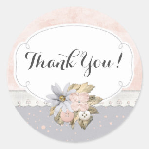 Shabby Chic Rustikal Blumen Nähen Knöpfe Dankeschö Runder Aufkleber