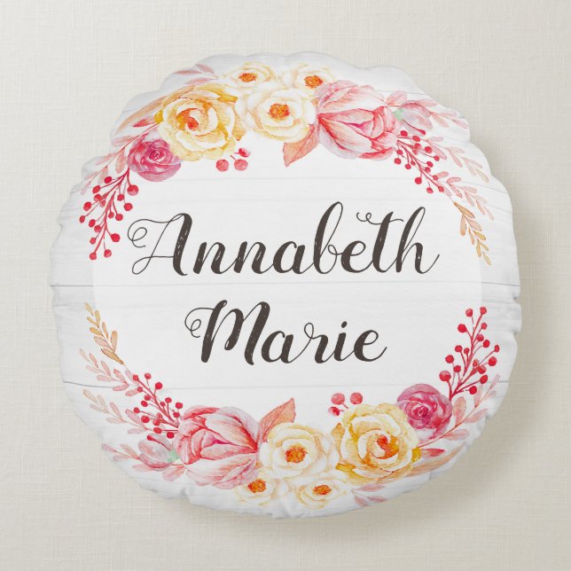 Shabby Chic Rustikale Blumenbezeichnungen Kinderzi Rundes Kissen (Vorderseite)