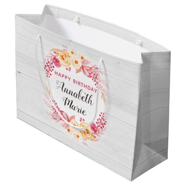 Shabby Chic Rustikale florale Rose glücklich Gebur Große Geschenktüte (Rückseite Schrägansicht)