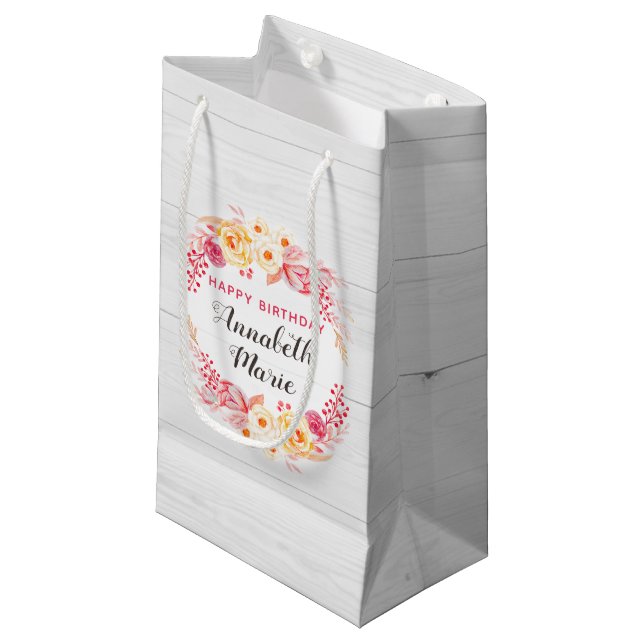 Shabby Chic Rustikale florale Rose glücklich Gebur Kleine Geschenktüte (Vorderseite Schrägansicht)