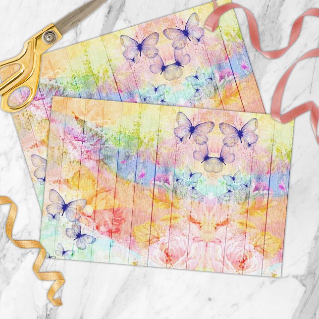 Shabby Chic Schmetterlinge und Rose auf rustikalem Seidenpapier (Von Creator hochgeladen)