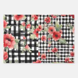 Shabby Chic Schwarz/Weiß Karierte Rote Blume Misch Geschenkpapier Set