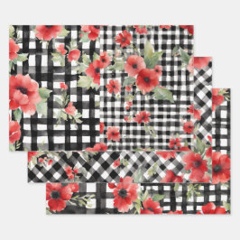 Shabby Chic Schwarz/Weiß Karierte Rote Blume Misch Geschenkpapier Set