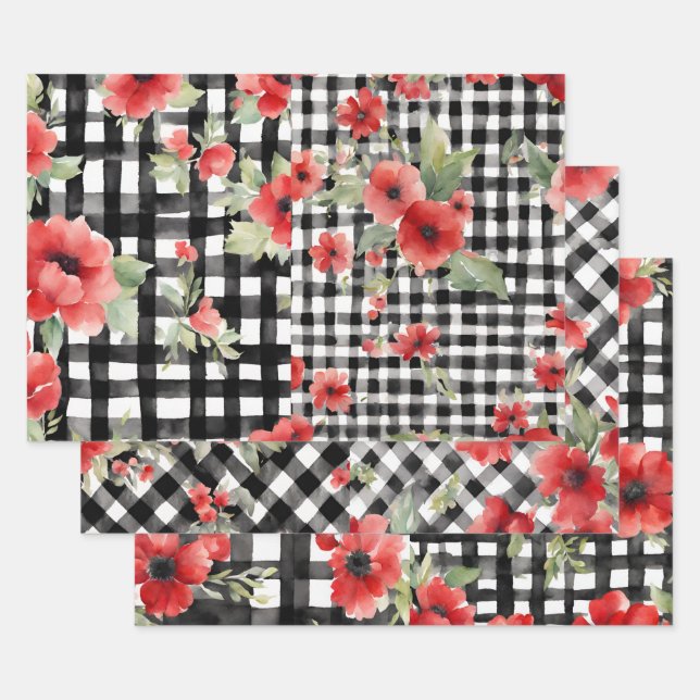 Shabby Chic Schwarz/Weiß Karierte Rote Blume Misch Geschenkpapier Set (Set)