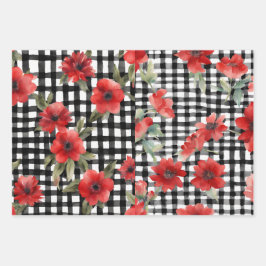Shabby Chic Schwarz/Weiß Karierte Rote Blume Misch Geschenkpapier Set