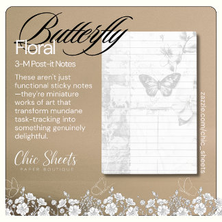 Shabby Chic Schwarz & Weiß Schmetterling Floral 3M Post-it Klebezettel