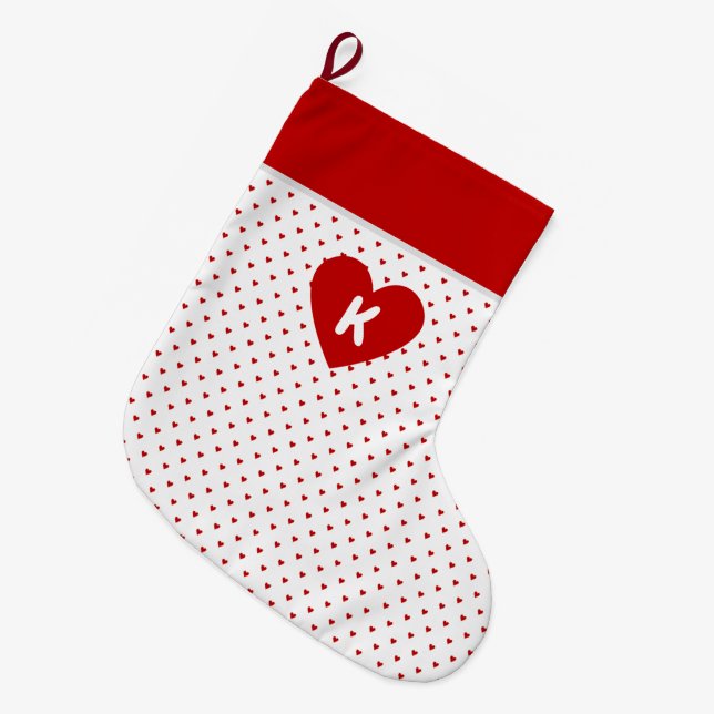 Shabby Chic Simple Red Hearts Pattern auf Weiß Großer Weihnachtsstrumpf (Vorderansicht (hängend))