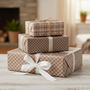 Shabby Chic Tan Beige Taupe Braun Kariertes Muster Geschenkpapier Set