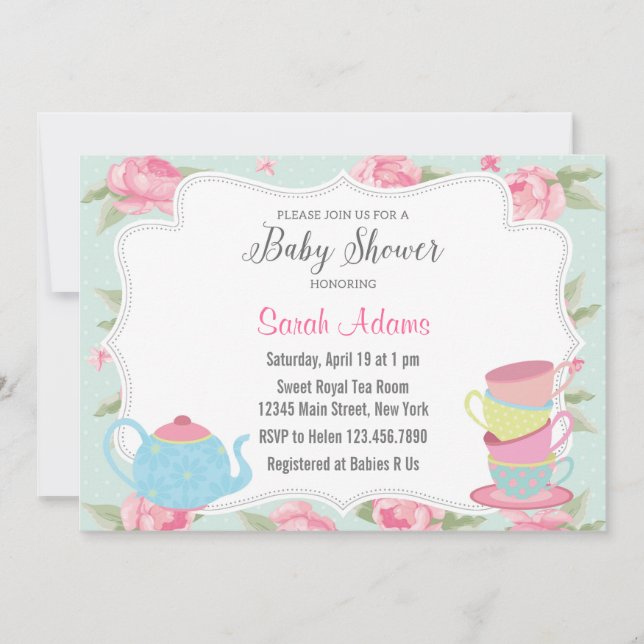 Shabby Chic Tea Party Kinderdusche Einladung (Vorderseite)