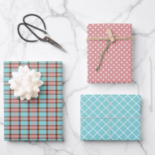Shabby Chic Türkisblaue Rosenblüten-Rosa Streifen Geschenkpapier Set