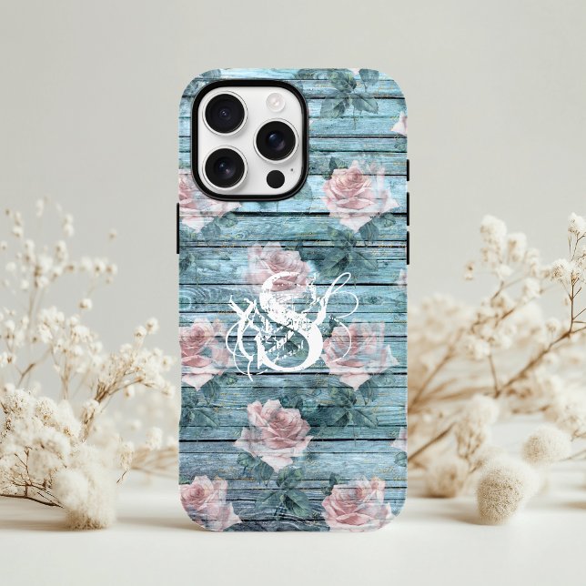 Shabby Chic Turquoise Pink Floral Monogram Case-Mate iPhone Hülle (Von Creator hochgeladen)
