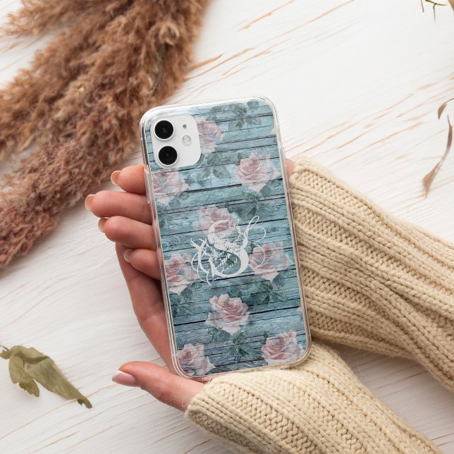 Shabby Chic Turquoise Pink Floral Monogram Case-Mate iPhone Hülle (Von Creator hochgeladen)