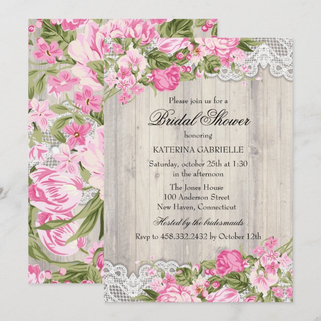 Shabby Chic und Spitzen-Brautparty laden ein Einladung (Vorne/Hinten)