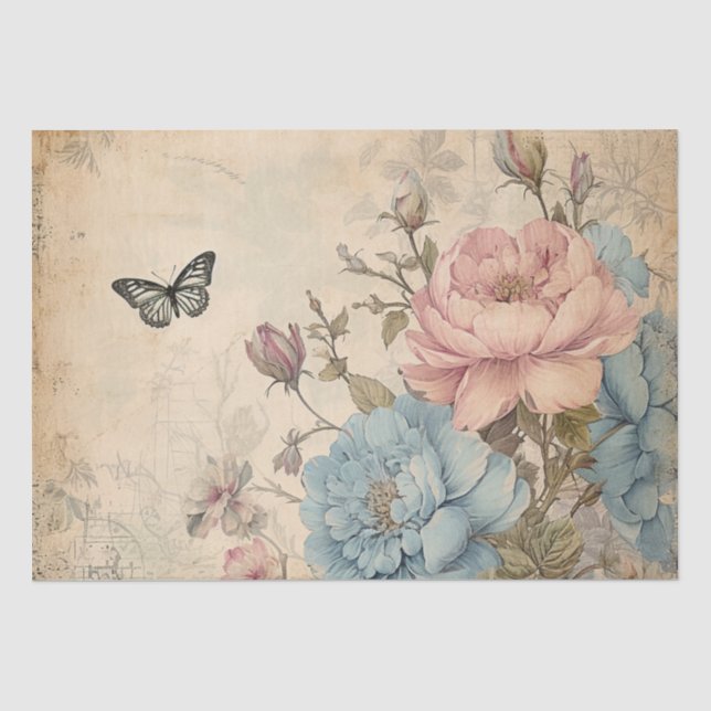 Shabby Chic Vintag Blush Blue Peonfly Butterfly Seidenpapier (Vorderseite)