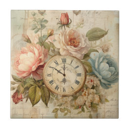 Shabby Chic Vintag Blush Blue Rose Blumenuhr Fliese