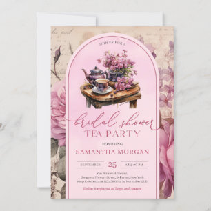 Shabby-Chic-Vintage-Fuchsia-Rosa-Braut-Teeparty Einladung