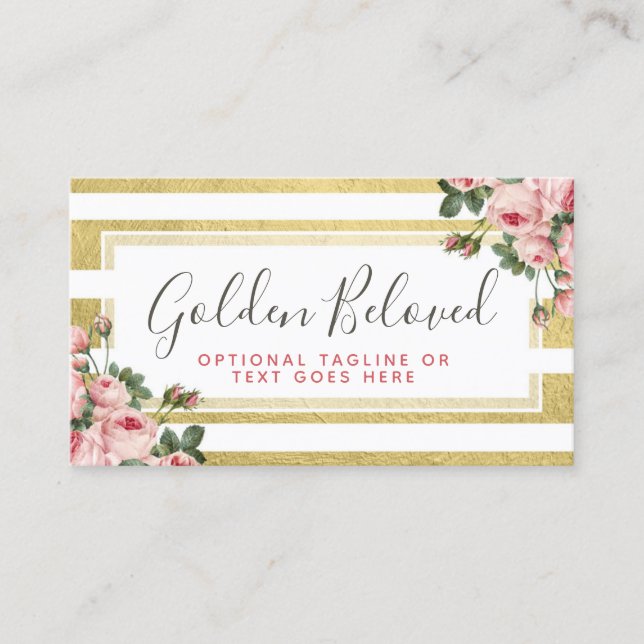 Shabby Chic Vintage Rose & Moderne Goldstreifen Visitenkarte (Vorderseite)
