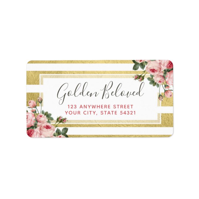 Shabby Chic Vintage Rose und moderne Goldadresse Adressaufkleber (Vorne)