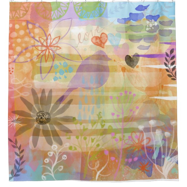 Shabby Chic-Vogel-Blumeniedliche Duschvorhang (Vorderseite)
