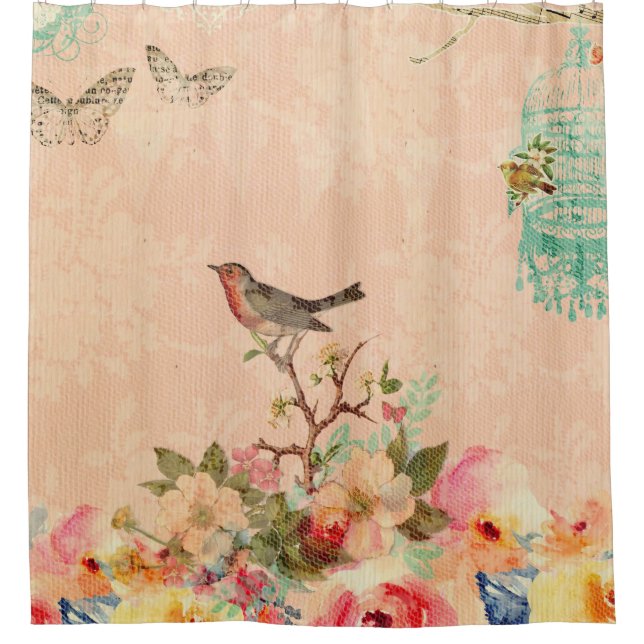Shabby Chic, Vogel, Schmetterling, Spitze, Blüte,  Duschvorhang (Vorderseite)