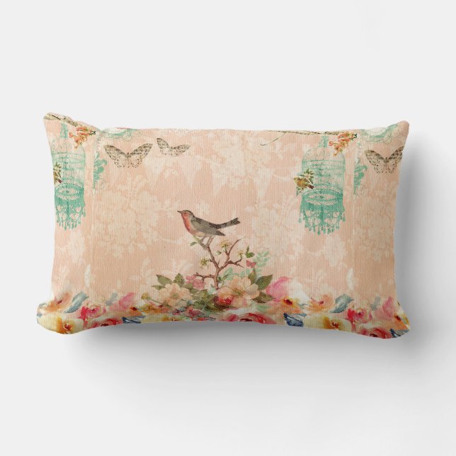 Shabby Chic, Vogel, Schmetterling, Spitze, Blüte,  Lendenkissen (Vorderseite)