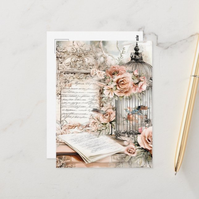 Shabby Chic-Vogelkäfig Postkarte (Vorderseite/Rückseite Beispiel)
