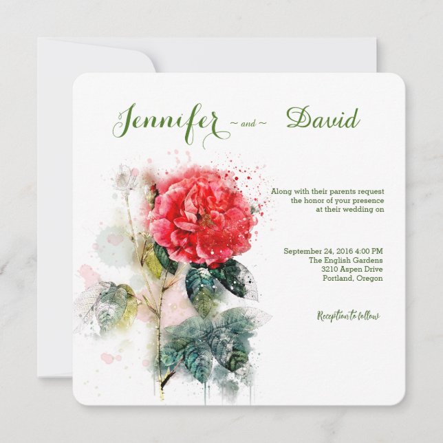 Shabby Chic Watercolor Rose Hochzeit Einladung (Vorderseite)